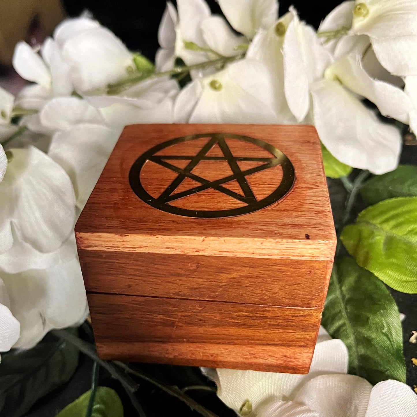 Acacia Wood Keepsake Box with Brass Pentacle