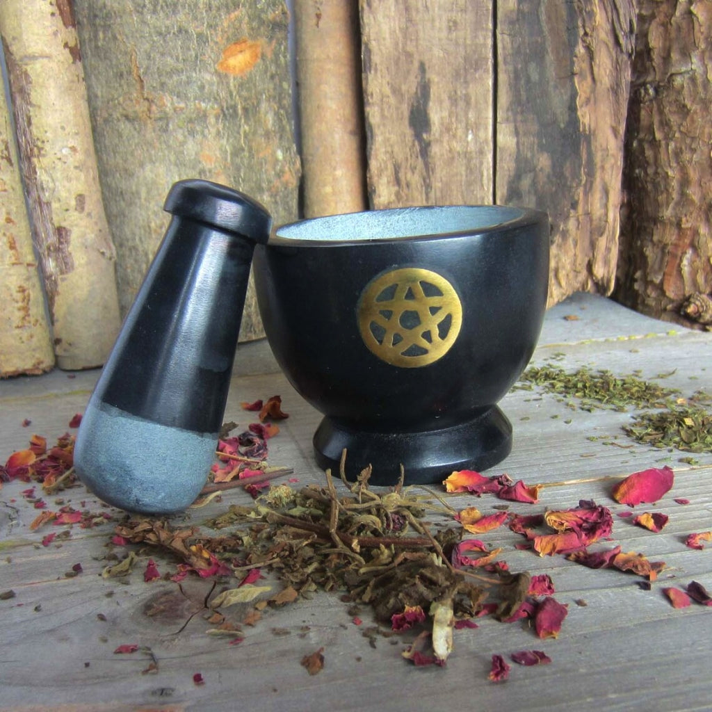 Mortar & Pestle Pentacle - Gold & Black Soapstone