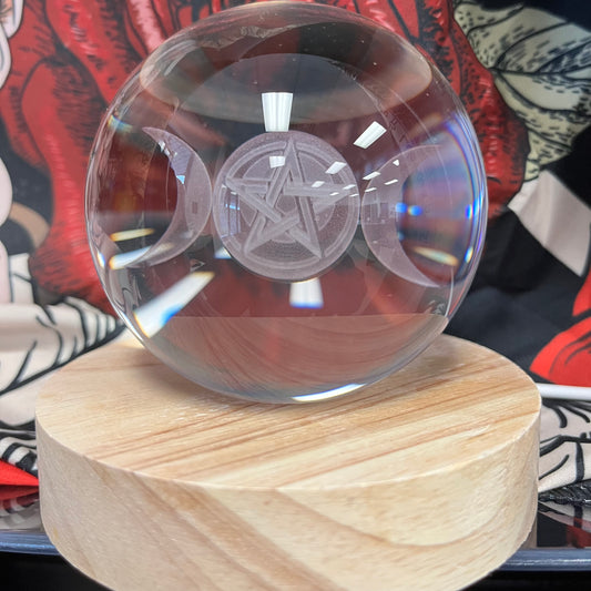 Crystal Ball with Triple Moon & Pentacle 3D Laser Engraved